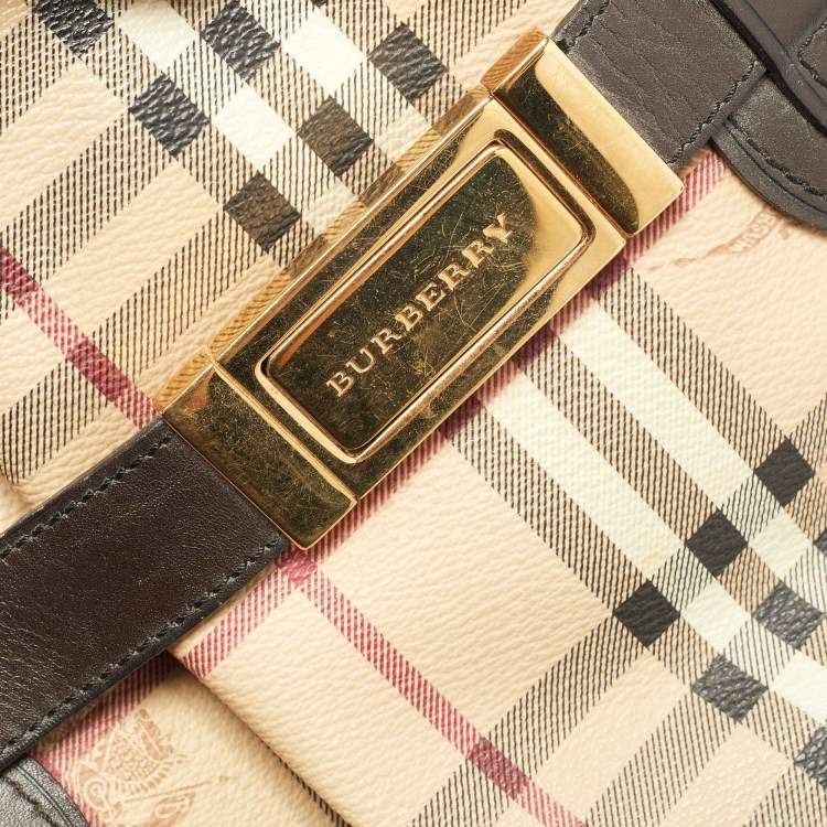 Pre Owned Burberry Beige/Brown Haymarket PVC and Leather Medium Golderton Tote