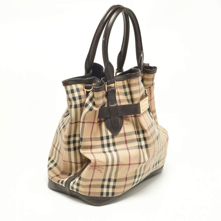 Pre Owned Burberry Beige/Brown Haymarket PVC and Leather Medium Golderton Tote
