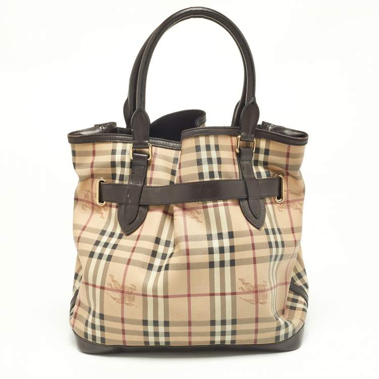 Pre Owned Burberry Beige/Brown Haymarket PVC and Leather Medium Golderton Tote