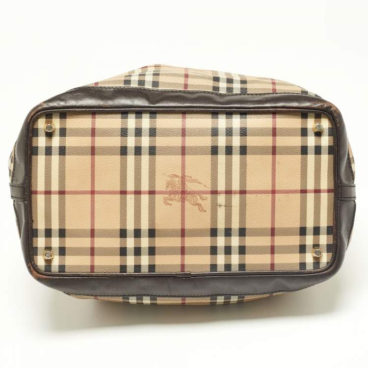 Pre Owned Burberry Beige/Brown Haymarket PVC and Leather Medium Golderton Tote