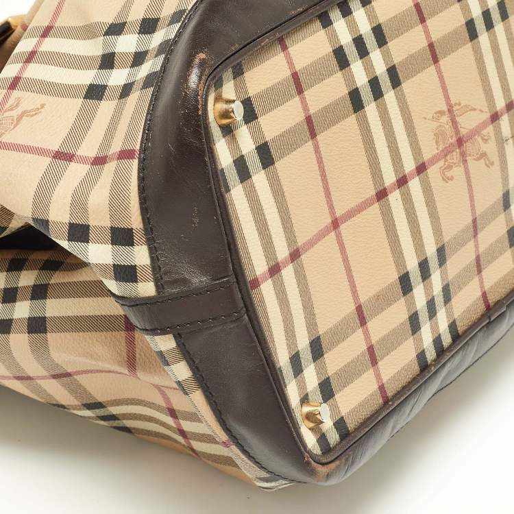 Pre Owned Burberry Beige/Brown Haymarket PVC and Leather Medium Golderton Tote
