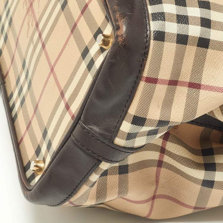 Pre Owned Burberry Beige/Brown Haymarket PVC and Leather Medium Golderton Tote