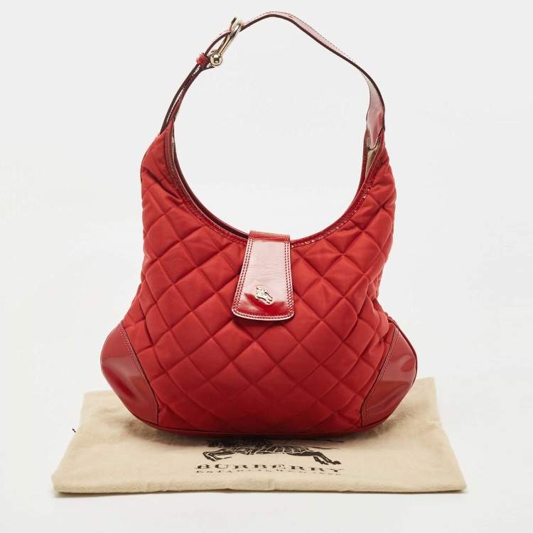 Pre Owned Burberry Red Quilted Nylon and Patent Leather Brooke Hobo