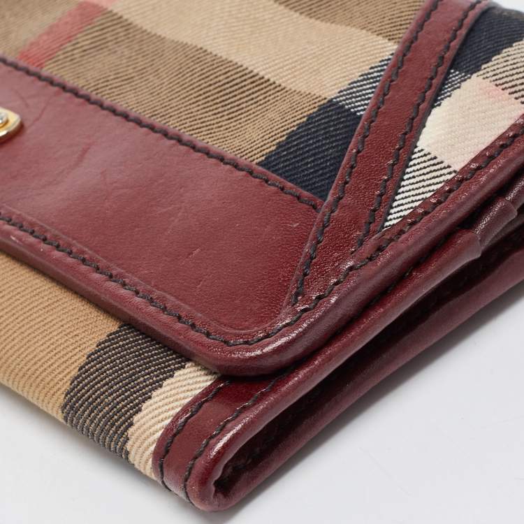 Pre Owned Burberry Burgundy/Cream House Check Canvas and Leather Flap Continental Wallet