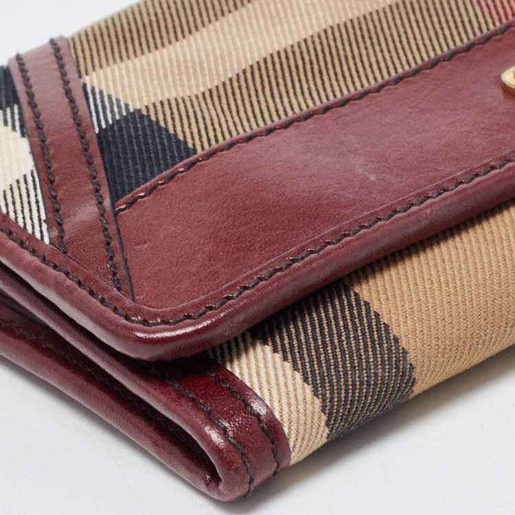 Pre Owned Burberry Burgundy/Cream House Check Canvas and Leather Flap Continental Wallet