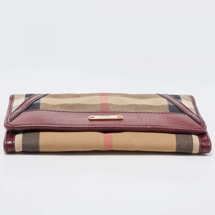 Pre Owned Burberry Burgundy/Cream House Check Canvas and Leather Flap Continental Wallet