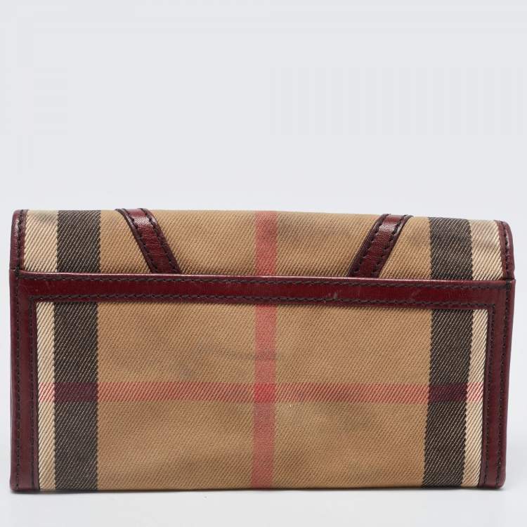 Pre Owned Burberry Burgundy/Cream House Check Canvas and Leather Flap Continental Wallet