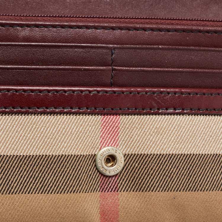 Pre Owned Burberry Burgundy/Cream House Check Canvas and Leather Flap Continental Wallet