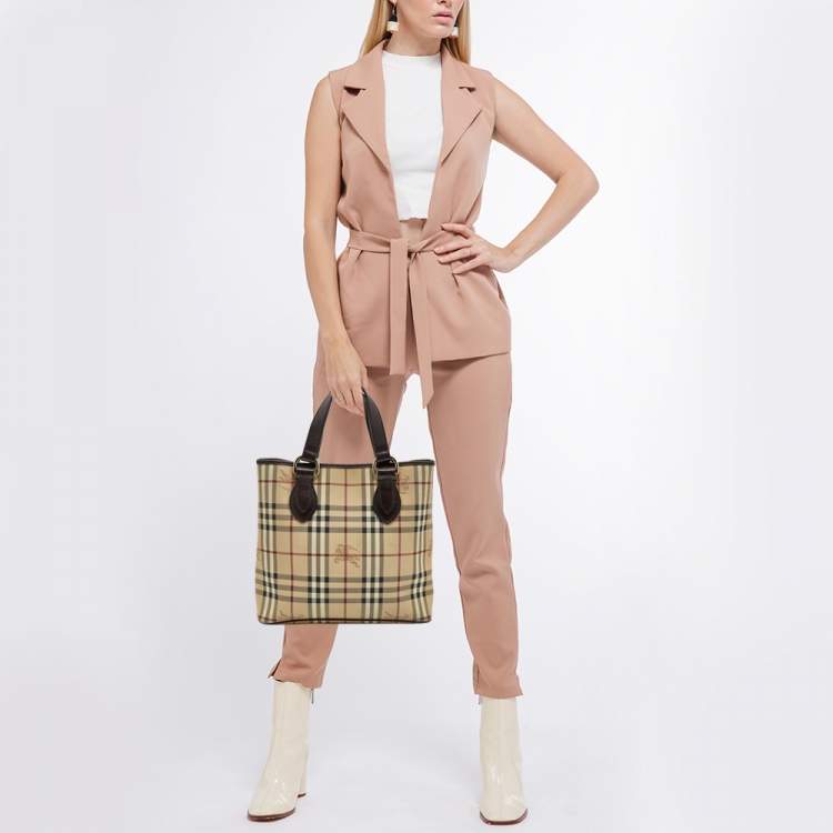Pre Owned Burberry Beige/Brown Haymarket Coated Canvas and Leather Regent Tote