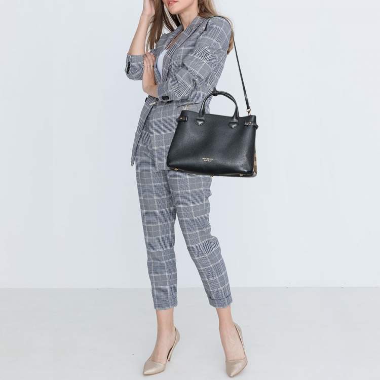 Pre Owned Burberry Black/Beige Leather and House Check Fabric Medium Banner Tote
