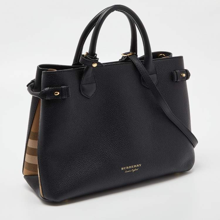 Pre Owned Burberry Black/Beige Leather and House Check Fabric Medium Banner Tote