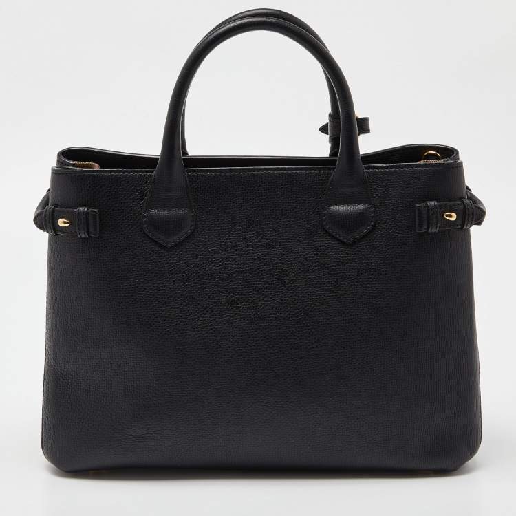Pre Owned Burberry Black/Beige Leather and House Check Fabric Medium Banner Tote