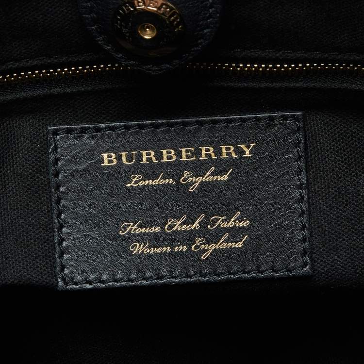Pre Owned Burberry Black/Beige Leather and House Check Fabric Medium Banner Tote