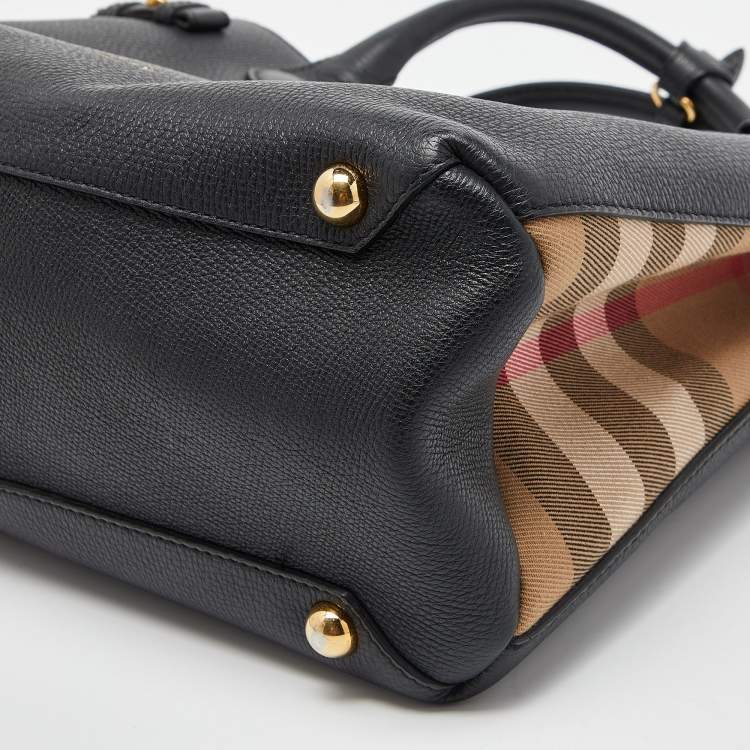 Pre Owned Burberry Black/Beige Leather and House Check Fabric Medium Banner Tote