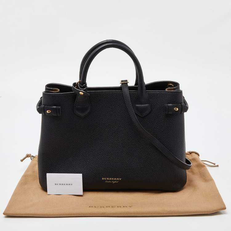 Pre Owned Burberry Black/Beige Leather and House Check Fabric Medium Banner Tote