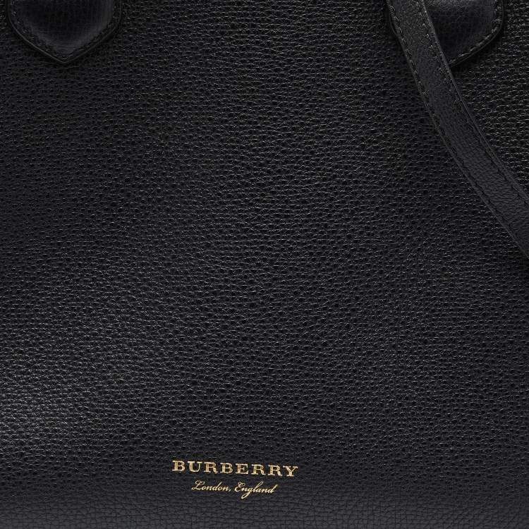 Pre Owned Burberry Black/Beige Leather and House Check Fabric Medium Banner Tote