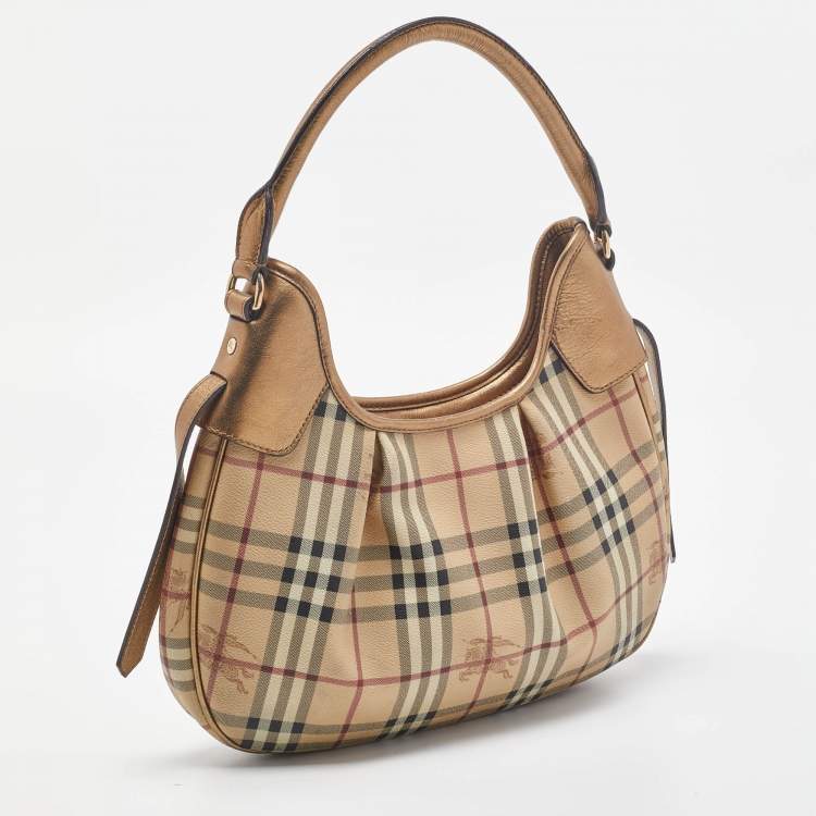 Pre Owned Burberry Beige/Gold Haymarket Check PVC and Leather Brooklyn Hobo