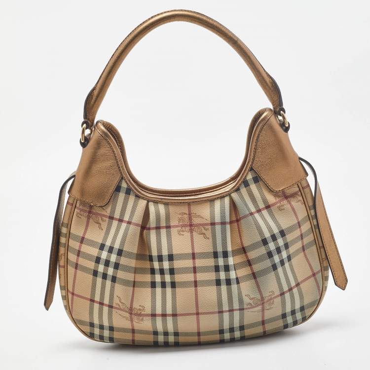 Pre Owned Burberry Beige/Gold Haymarket Check PVC and Leather Brooklyn Hobo