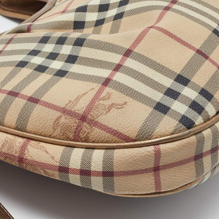 Pre Owned Burberry Beige/Gold Haymarket Check PVC and Leather Brooklyn Hobo