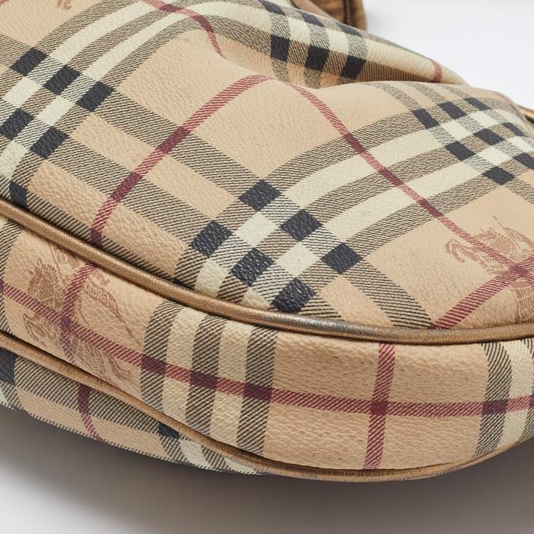 Pre Owned Burberry Beige/Gold Haymarket Check PVC and Leather Brooklyn Hobo