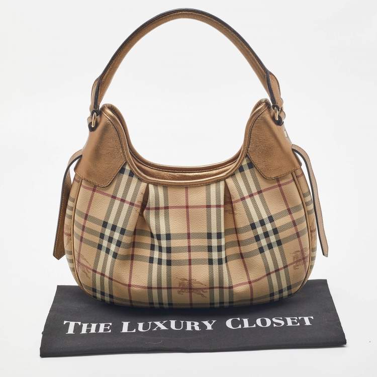 Pre Owned Burberry Beige/Gold Haymarket Check PVC and Leather Brooklyn Hobo