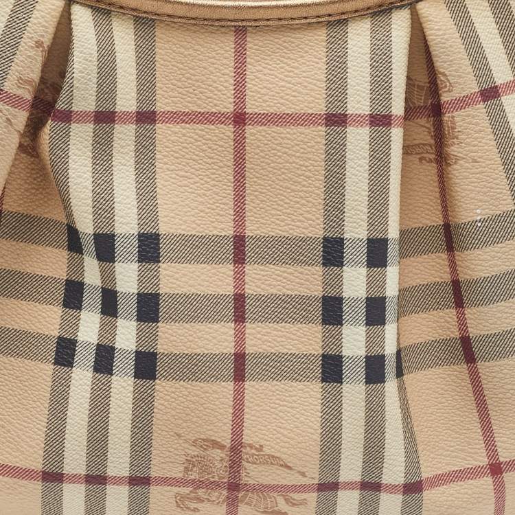 Pre Owned Burberry Beige/Gold Haymarket Check PVC and Leather Brooklyn Hobo