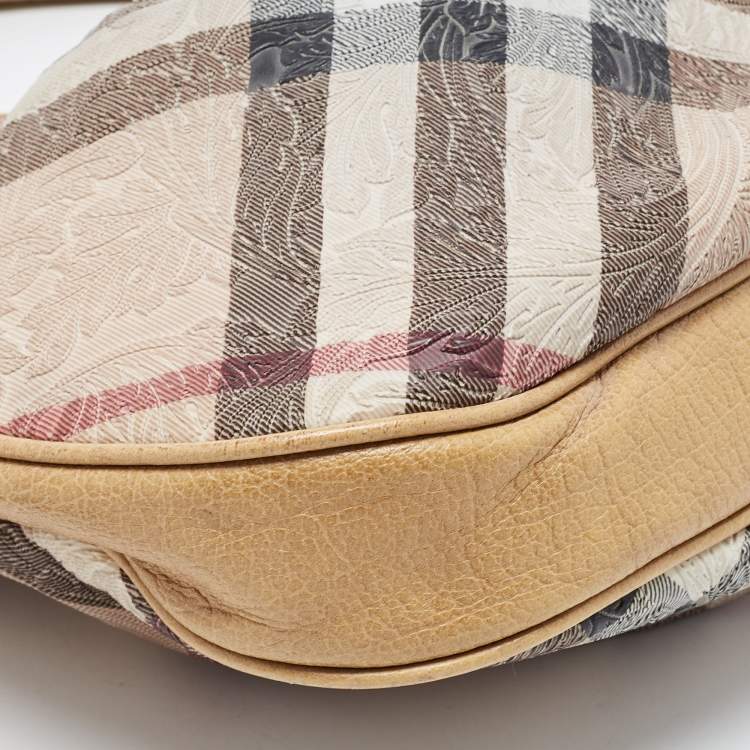 Pre Owned Burberry Beige Lasercut Nova Check Coated Canvas And Leather Brooklyn Hobo