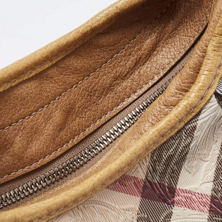 Pre Owned Burberry Beige Lasercut Nova Check Coated Canvas And Leather Brooklyn Hobo
