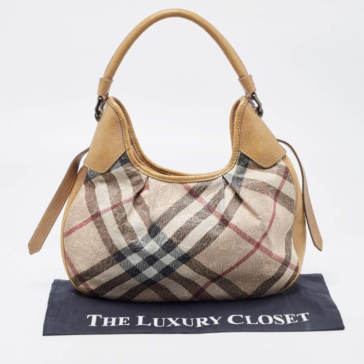 Pre Owned Burberry Beige Lasercut Nova Check Coated Canvas And Leather Brooklyn Hobo