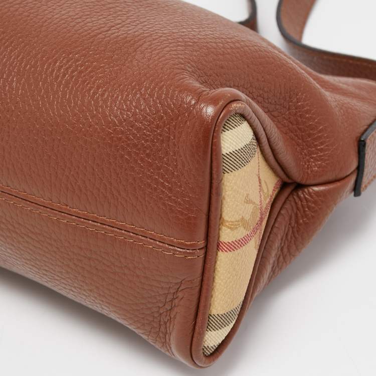 Pre Owned Burberry Brown Leather And Haymarket Coated Canvas Nova Tooth Shoulder Bag