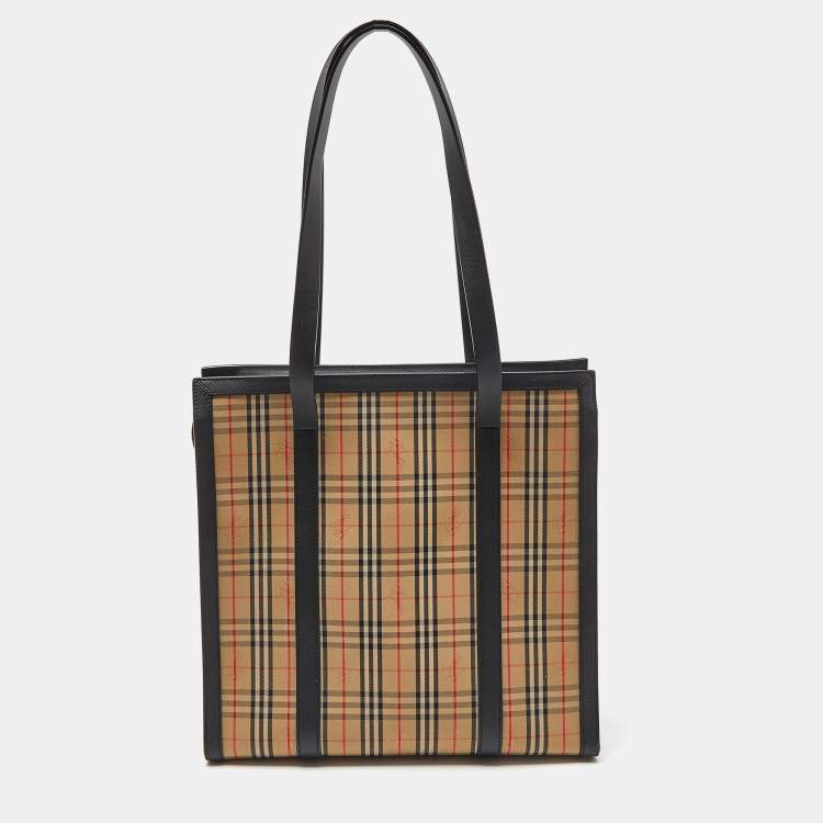 Pre Owned Burberry Beige/Black Haymarket Check Canvas and Leather Trim 1983 Link Tote