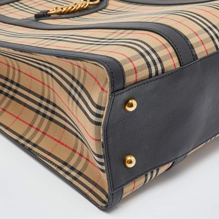 Pre Owned Burberry Beige/Black Haymarket Check Canvas and Leather Trim 1983 Link Tote