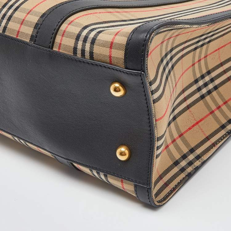 Pre Owned Burberry Beige/Black Haymarket Check Canvas and Leather Trim 1983 Link Tote