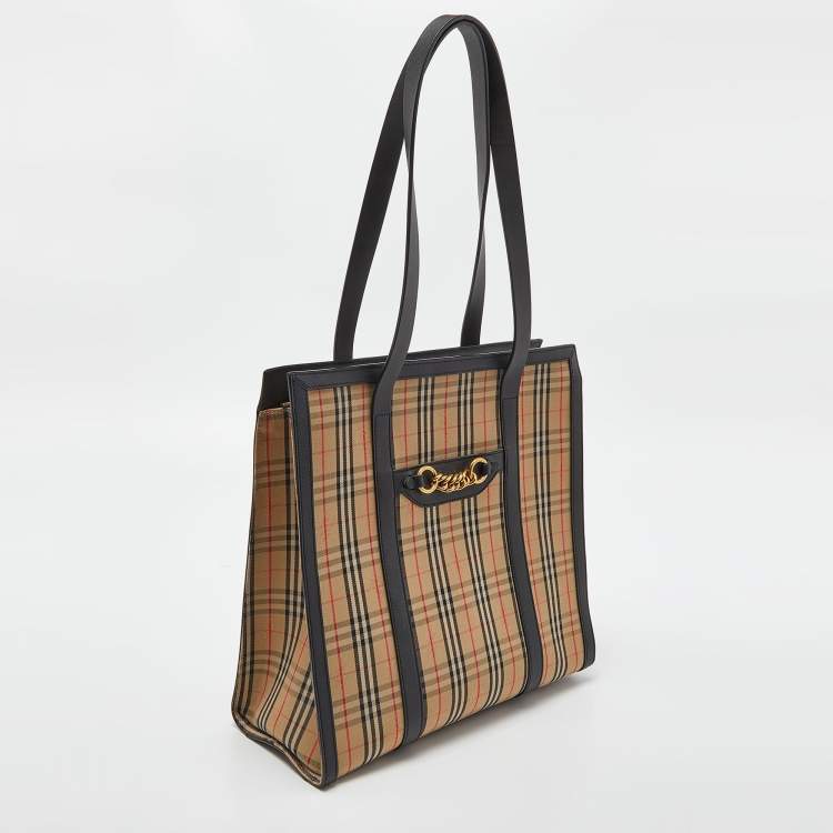 Pre Owned Burberry Beige/Black Haymarket Check Canvas and Leather Trim 1983 Link Tote