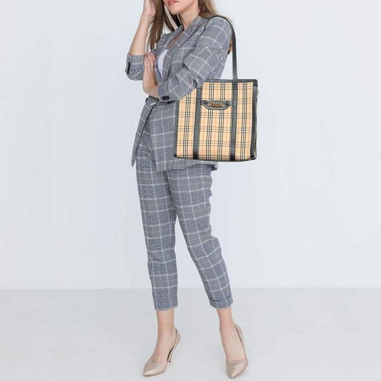 Mini leather-trimmed checked canvas tote