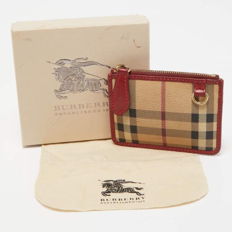 Pre Owned Burberry Red/Beige House Check Coated Canvas and Leather Zip Card Holder 