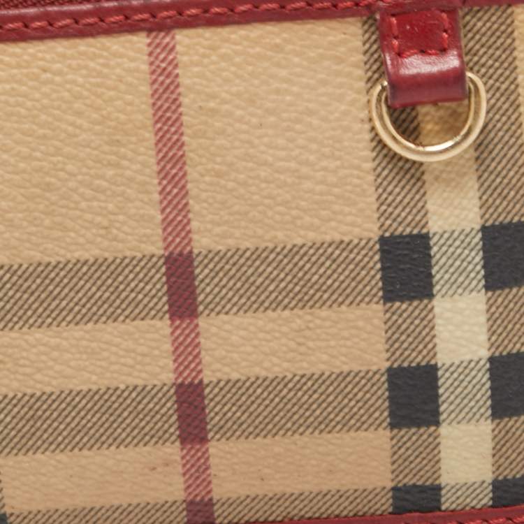 Pre Owned Burberry Red/Beige House Check Coated Canvas and Leather Zip Card Holder 