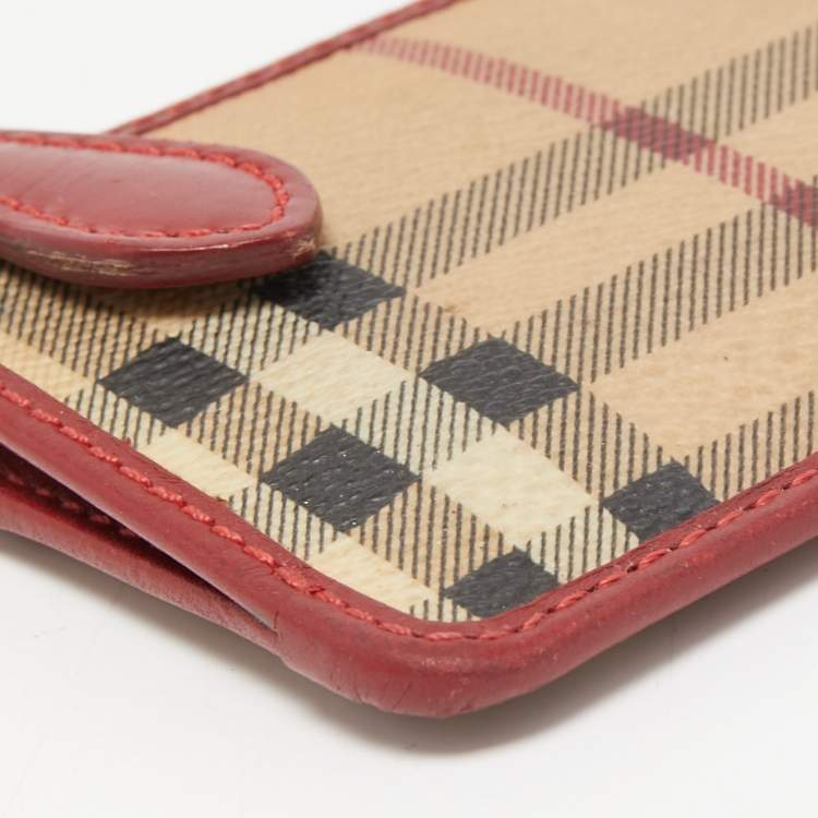Pre Owned Burberry Red/Beige House Check Coated Canvas and Leather Zip Card Holder 