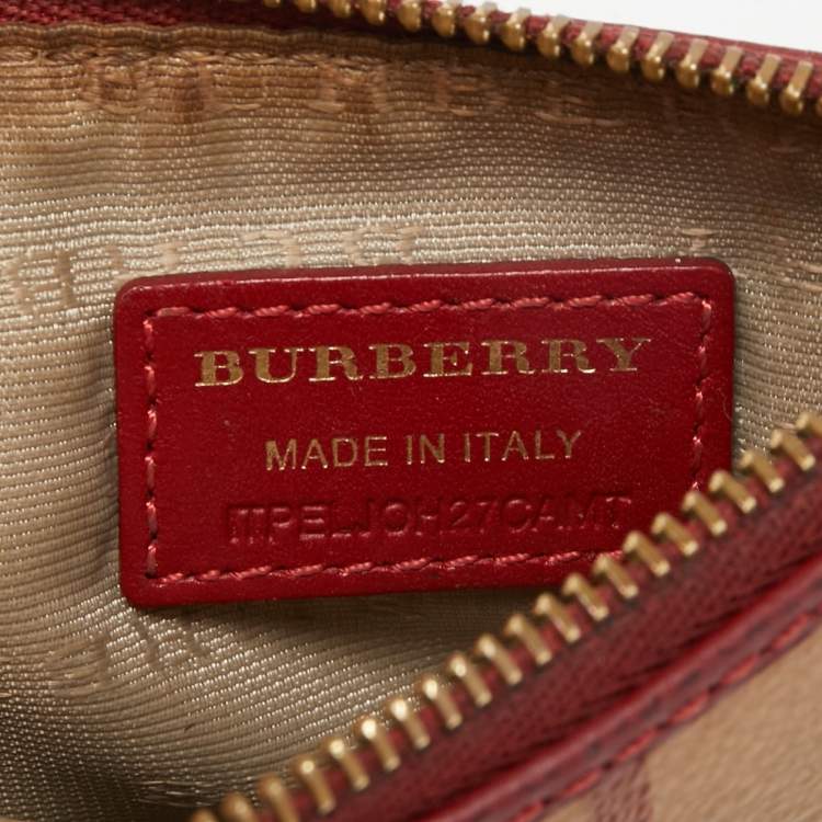 Pre Owned Burberry Red/Beige House Check Coated Canvas and Leather Zip Card Holder 