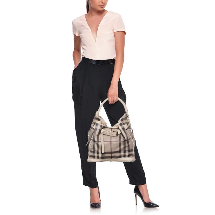 Pre Owned Burberry Beige Smoked Check PVC and Leather Walden Hobo