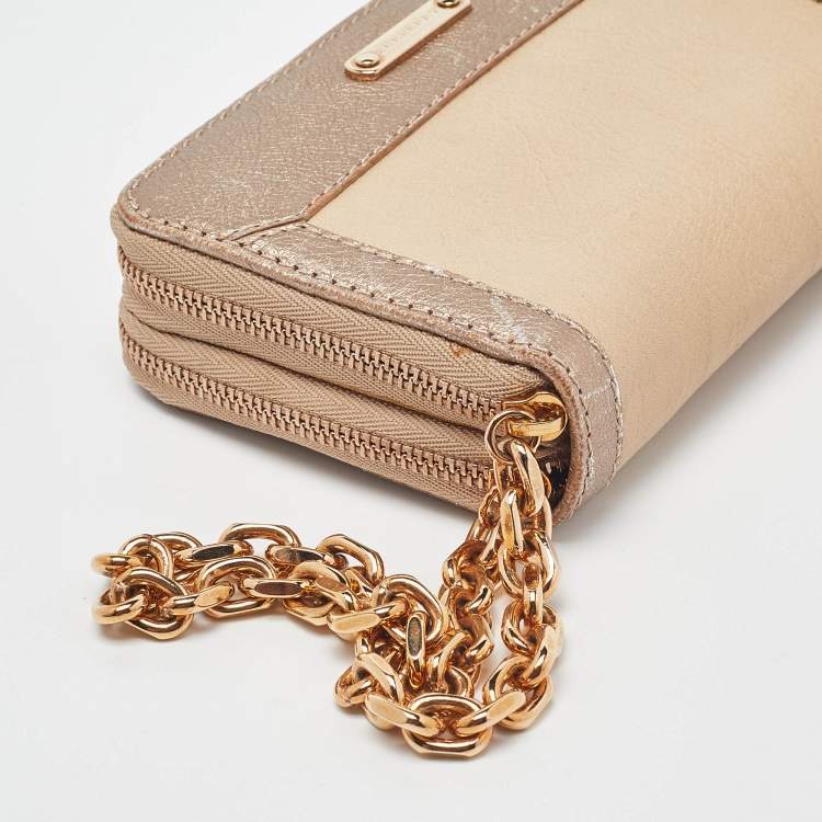 Pre Owned Burberry Beige/Gold Leather Double Zip Chain Wallet