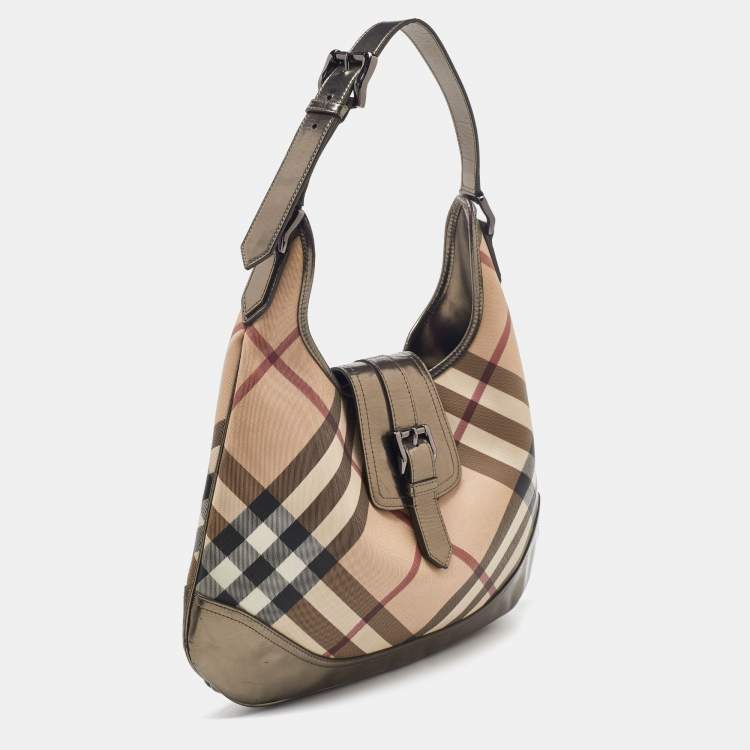 Pre Owned Burberry Metallic/Beige Nova Check PVC and Leather Brooke Hobo
