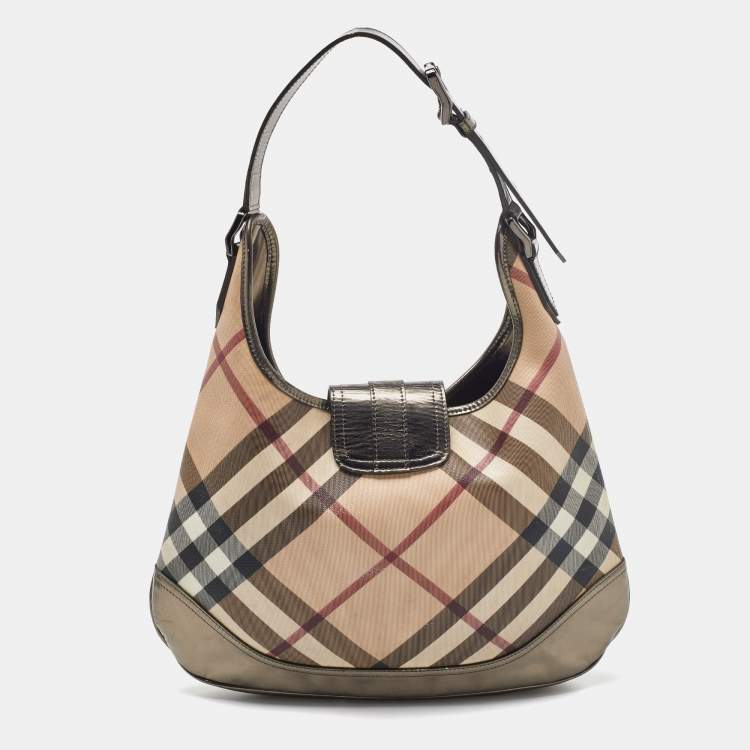Pre Owned Burberry Metallic/Beige Nova Check PVC and Leather Brooke Hobo