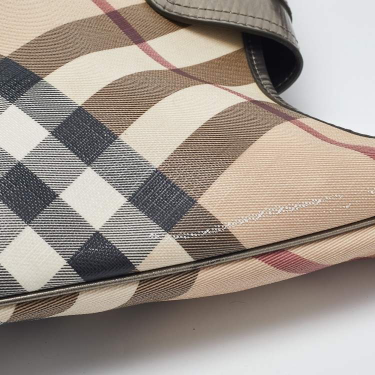 Pre Owned Burberry Metallic/Beige Nova Check PVC and Leather Brooke Hobo