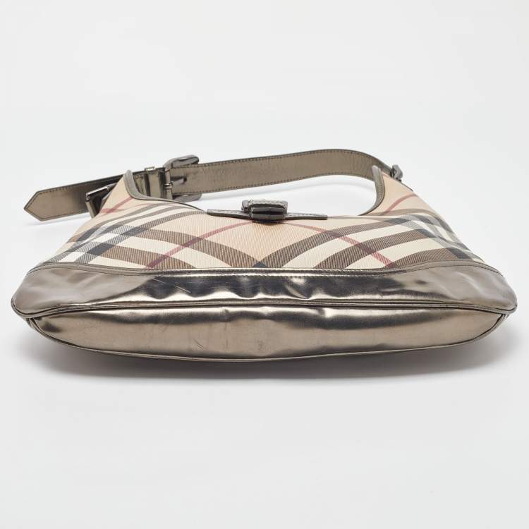 Pre Owned Burberry Metallic/Beige Nova Check PVC and Leather Brooke Hobo