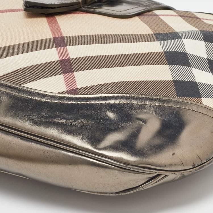Pre Owned Burberry Metallic/Beige Nova Check PVC and Leather Brooke Hobo