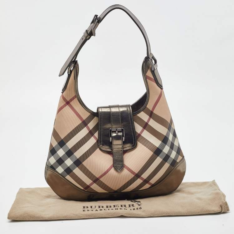 Pre Owned Burberry Metallic/Beige Nova Check PVC and Leather Brooke Hobo