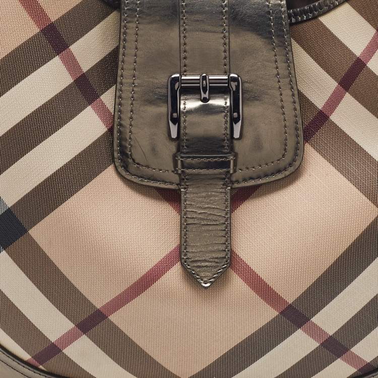 Pre Owned Burberry Metallic/Beige Nova Check PVC and Leather Brooke Hobo