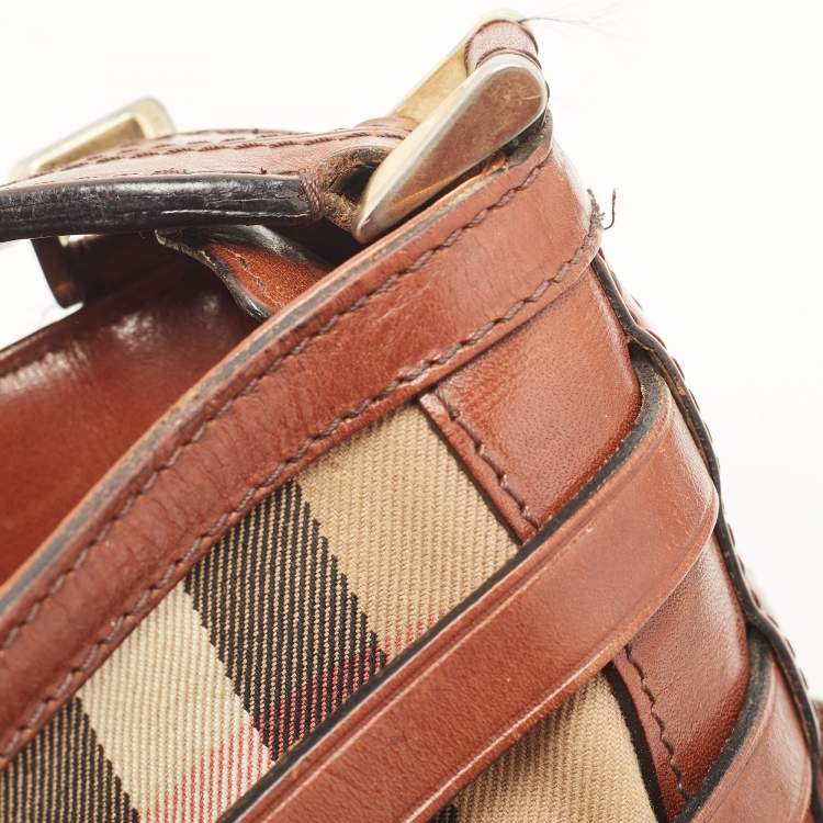 Pre Owned Burberry Brown House Check Canvas and Leather Small Bridle Dutton Hobo