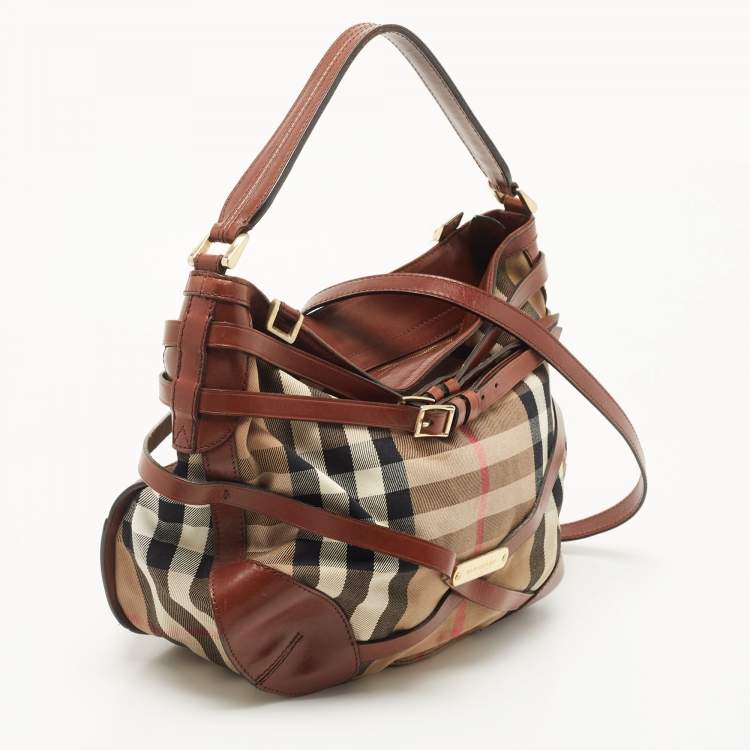 Pre Owned Burberry Brown House Check Canvas and Leather Small Bridle Dutton Hobo